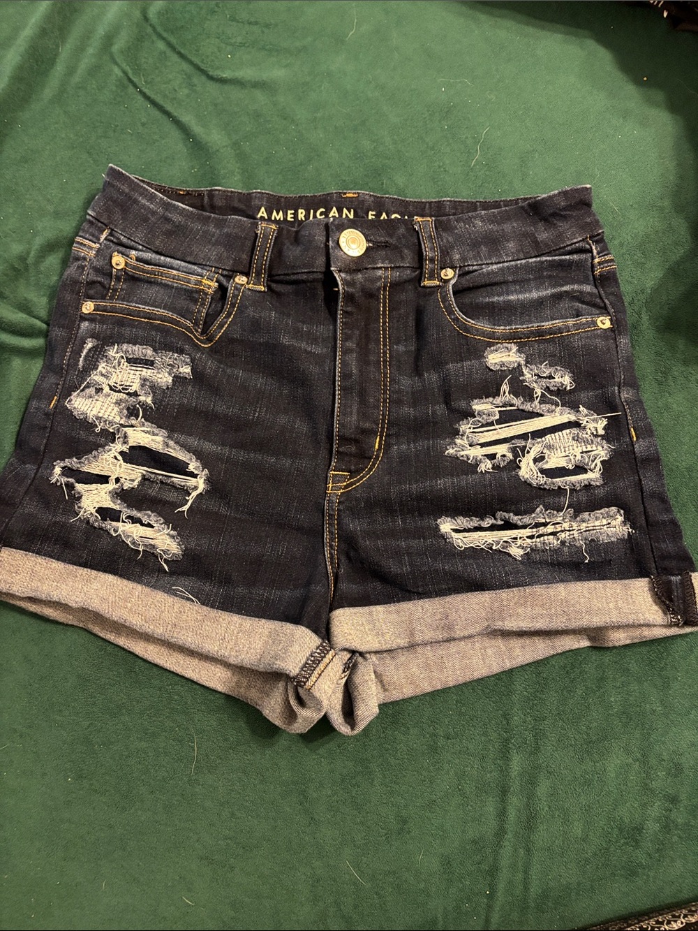 American Eagle Outfitters Dark Blue Distressed Rolled-Hem Jean Shorts